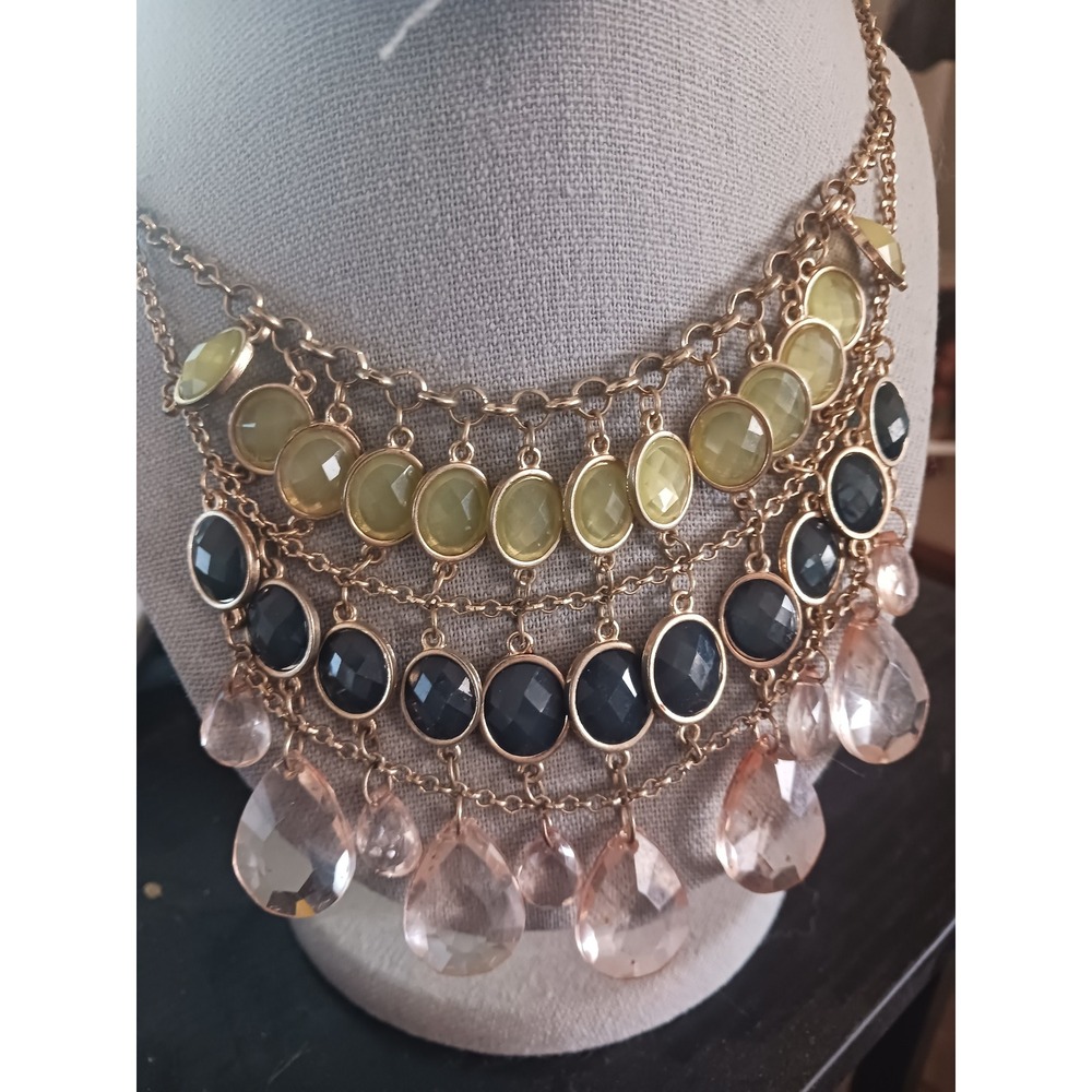 etc! Gold Tone Multi Layer Bib Necklace Green Black Peach Stones Statement